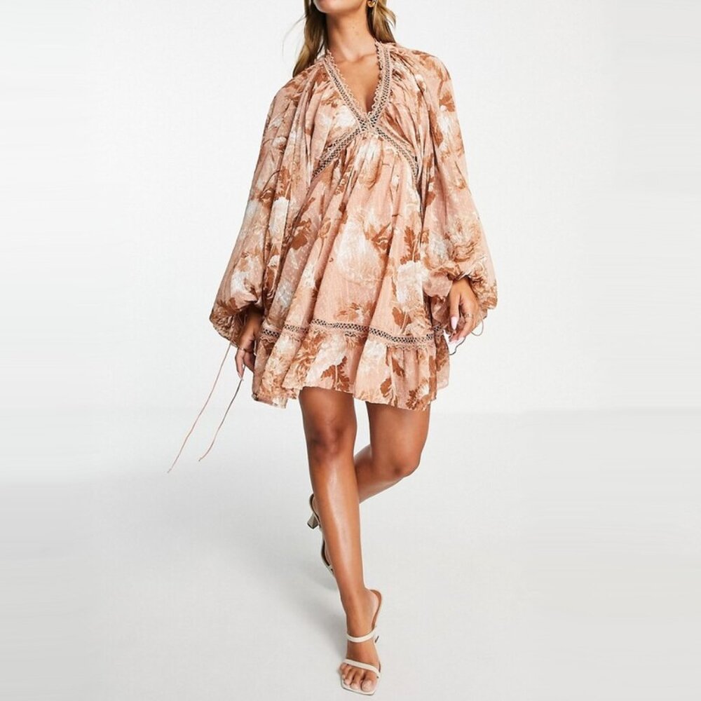 Asos Design Boho Textured Batwing Blouson Sleeve Cutout Mini Dress